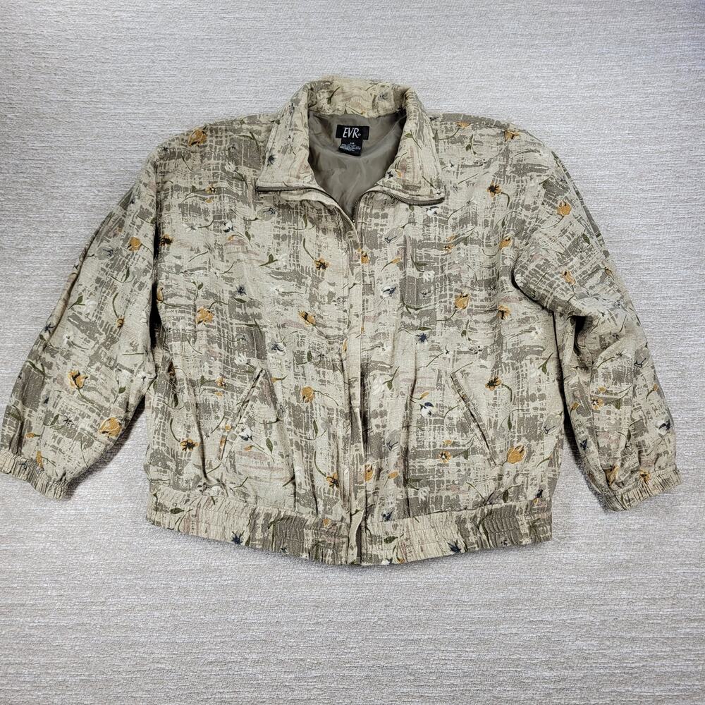 Vtg EVR Silk Bomber Jacket Womens XL Green Floral Tulips Camo Zip Up Streetwear
